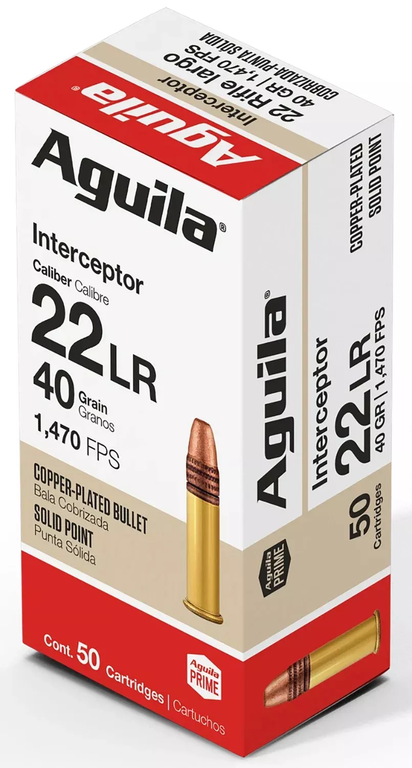 Aguila 1B220320 Interceptor22LR 40gr Copper Plated Solid Point 50 Per Box/20 Case