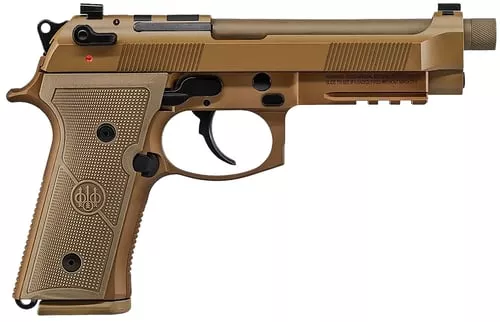 Beretta USA JS92M9A4G M9A49mm Luger 5.10" Threaded Barrel 10+1, Flat Dark Earth Cerakote Polymer Frame, Serrated Steel Optic Cut Slide, Polymer Grip & Decocker Safety