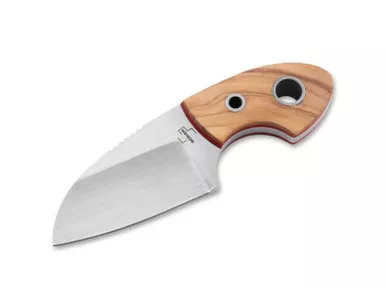 Boker Plus VoxKnives Gnome Fixed Neck Knife - 2.17" D2 Satin Sheepsfoot Blade, Olive Wood Handles with Red Liners, Kydex Sheath - 02BO322