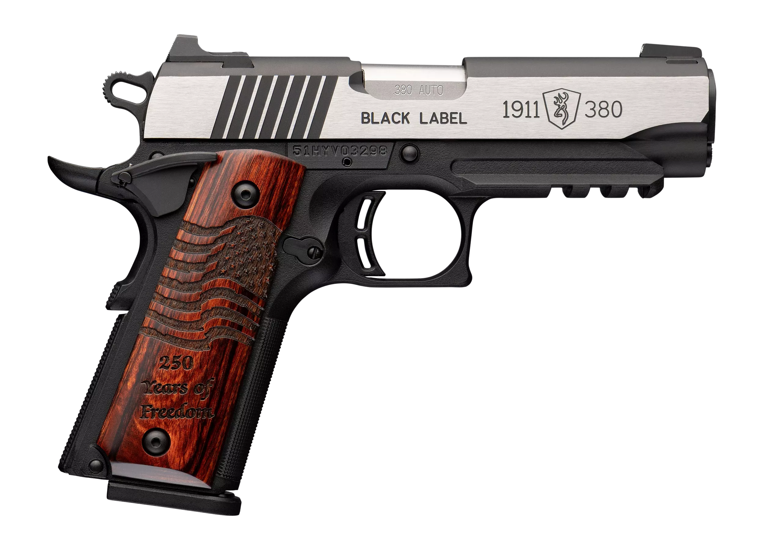 Browning 051125492 1911 Black Label Medallion 250 Compact 380 ACP 8+1 3.63" Matte Stainless Barrel &Blackened w/Silver Polished Flats Serrated Slide, Matte Black Polymer Frame w/Beavertail & Picatin