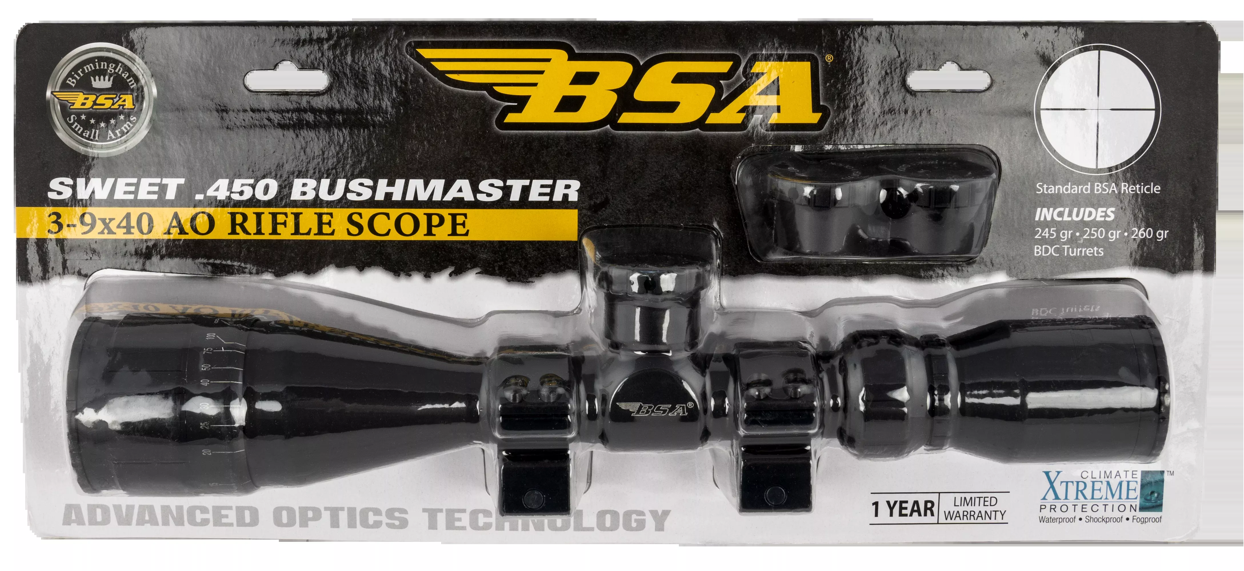 BSA Sweet 450 Bushmaster 3-9x40mm AO 30/30 Reticle Matte Black Rifle Scope w/ Rings