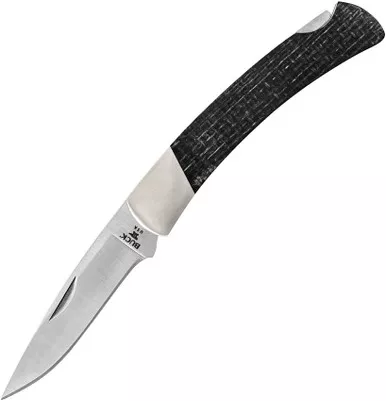 Buck Limited Legacy Collection Squire Folding Knife - 2.75" CPM-S35VN Satin Blade, Black Burlap Micarta Handles with Nickel Silver Bolsters - 13297