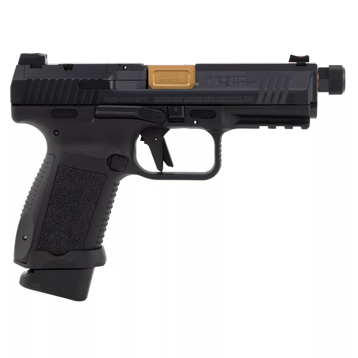 Canik HG4950N TP9 Elite Combat Executive 9mm Luger 15+1/18+1, 4.73" Gold Plated PVD Fluted/ Match Grade/Threaded Barrel, Black Nitride Optic Ready/Serrated Steel Slide, Black Polymer Frame w/Picatinny Rail