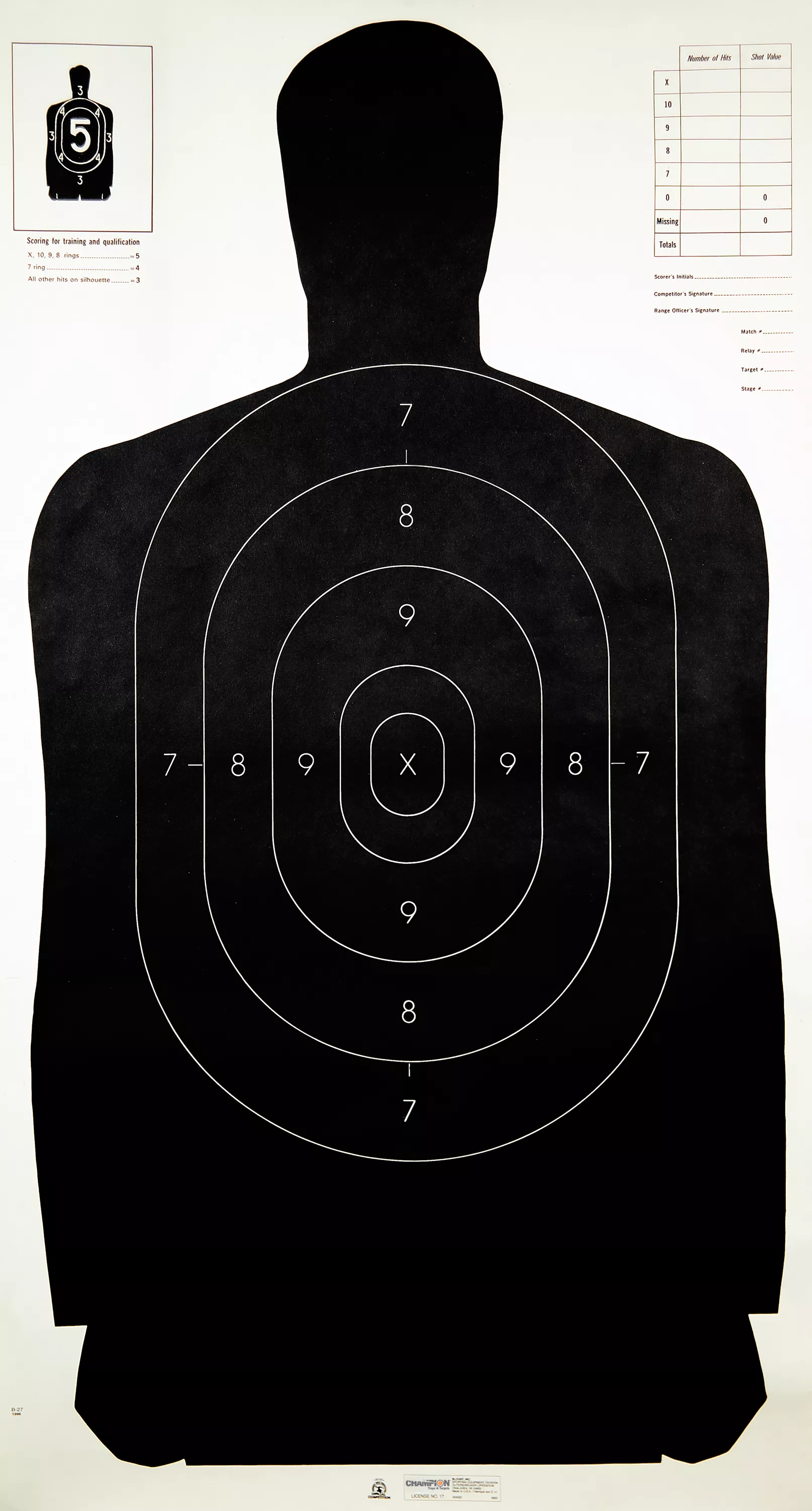 Champion Targets 40727 Law Enforcement Silhouette B-27 Hanging Paper Target Black/White 100 Per Pack