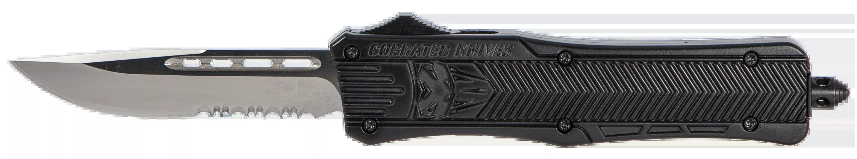 CobraTec Knives CTK-1 Medium 3" OTF Drop Point Part Serrated D2 Steel Black Aluminum Handle
