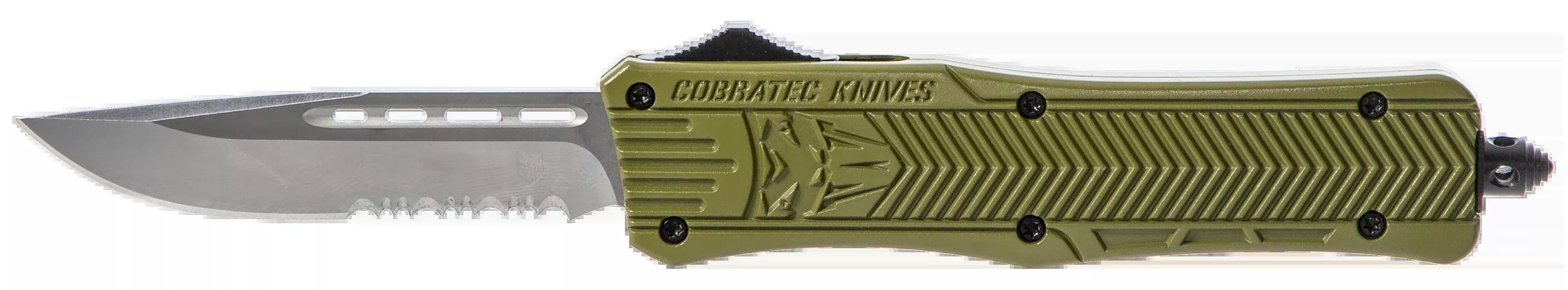 CobraTec Knives CTK-1 Medium 3" OTF Drop Point Part Serrated D2 Steel OD Green Aluminum Handle