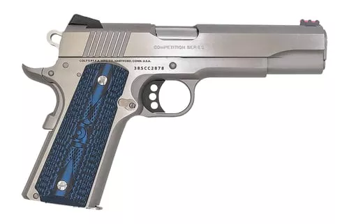 Colt Mfg O1073CCP Competition38 Super 9+1 5" National Match Barrel, Stainless Steel Serrated Slide, Stainless Steel Frame w/Beavertail, Competition Blue G10 Grip