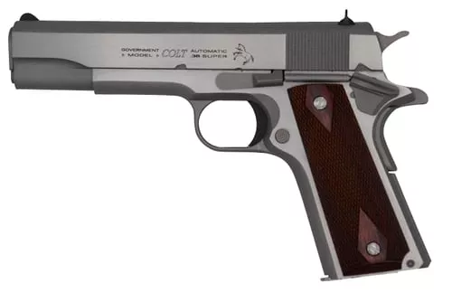 Colt Mfg O1911CSS38 1911 Government 38 Super 9+1 5" Stainless National Match Barrel, Serrated Stainless Steel Slide & Frame w/Beavertail, Diamond Checkered Rosewood