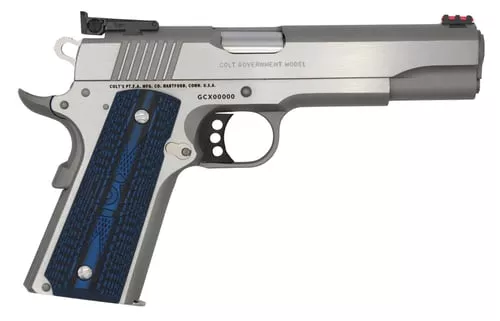 Colt Mfg O5070GCL Gold Cup Lite45 ACP 8+1 5" Stainless National Match Barrel, Stainless Steel Serrated Slide, Stainless Steel Frame w/Beavertail, Blue Scalloped G10 Grip, Ambidextrous