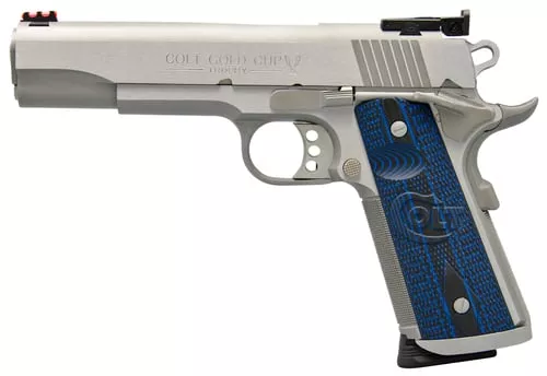 Colt Mfg O5072XE Gold Cup Trophy 9mm Luger 9+1 5" Steel Barrel,Stainless Steel Serrated Slide & Frame w/Beavertail, Competition Blue G10 Grips, Ambidextrous