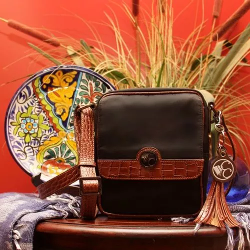 Concealed Carrie Microfiber Brown Crocodile Crossbody Compact