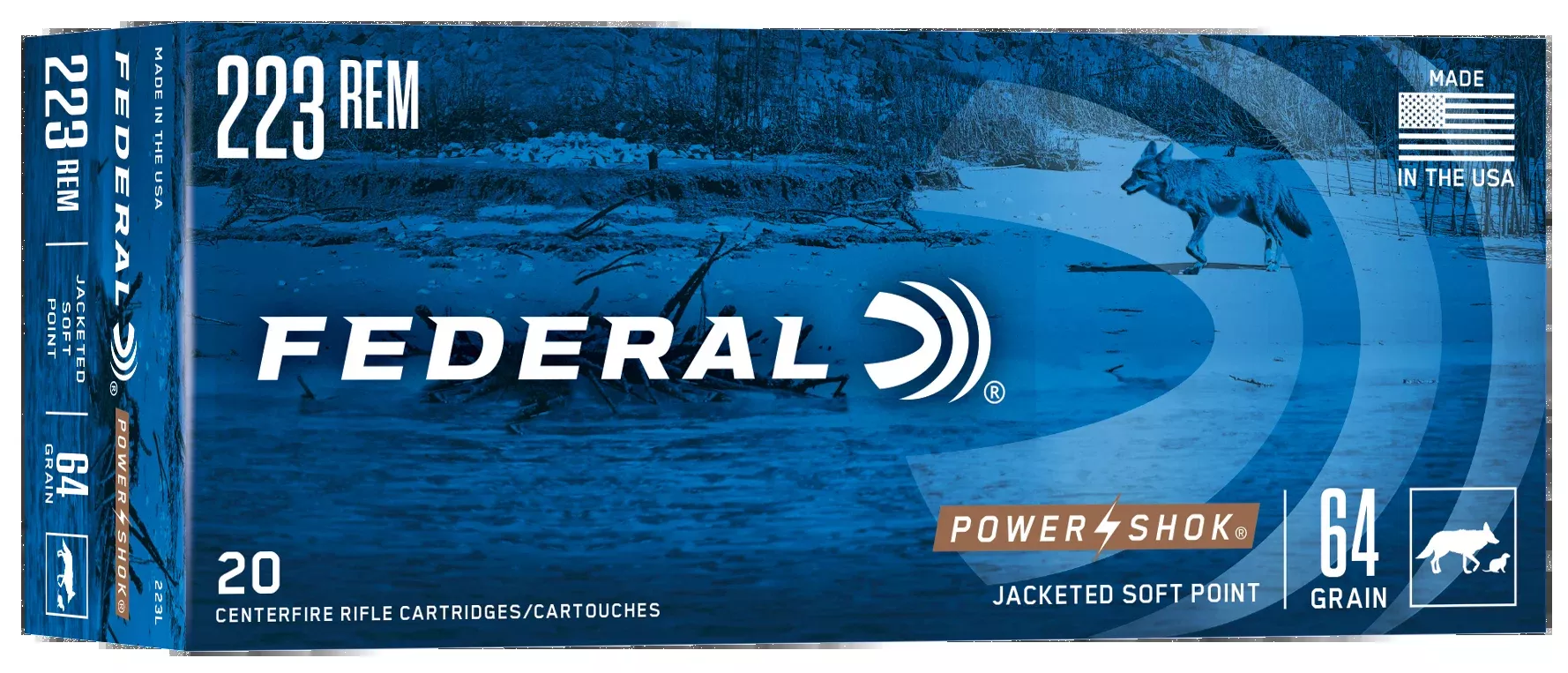 Federal Power-Shok 223 Rem 64gr Jacketed Soft Point 20rd - Box or Case