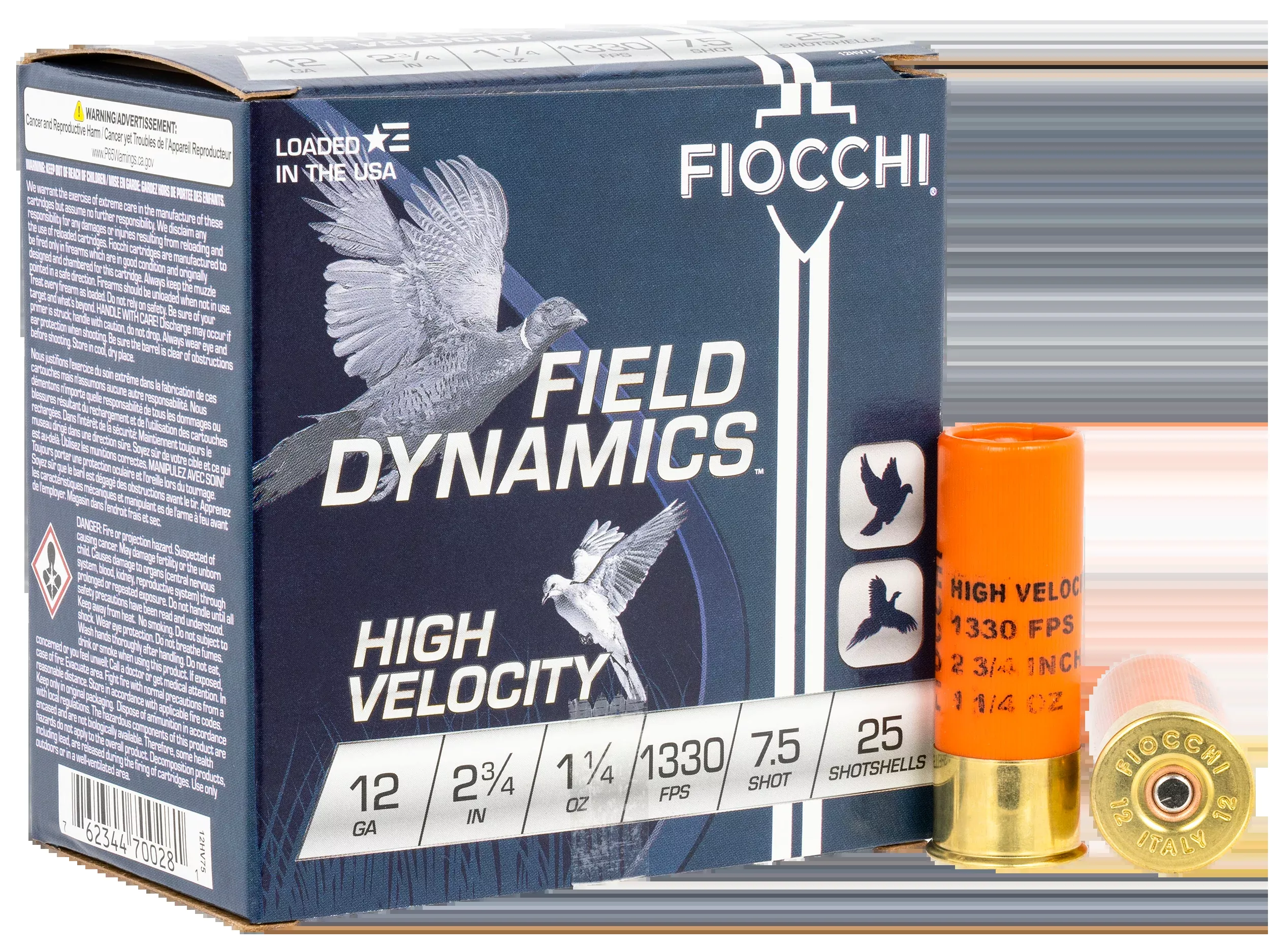 Fiocchi 12HV75 Field Dynamics High Velocity 12 Gauge 2.75" 1 1/4 oz 7.5 Shot - Box or Case