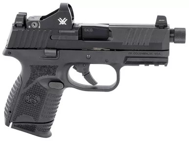 FN 66100802 509 Compact Tactical 9mm Luger Caliber with 4.32" Threaded Barrel, 12+1 or 24+1 Capacity, Overall Matte Black Finish, Picatinny Rail Frame, Serrated/Optic Cut Slide, Interchangeable Backstraps Grip & Night Sights Includes Viper Red Dot
