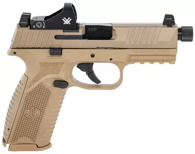 FN 66100847 509 Tactical 9mm Luger Caliber with 4.50" Threaded Barrel, 10+1 Capacity, Flat Dark Earth Finish, Picatinny Rail Frame, Serrated/Optic Cut Slide, Interchangeable Backstrap Grip, Night Sights & No Manual Safety Includes Viper Red Dot