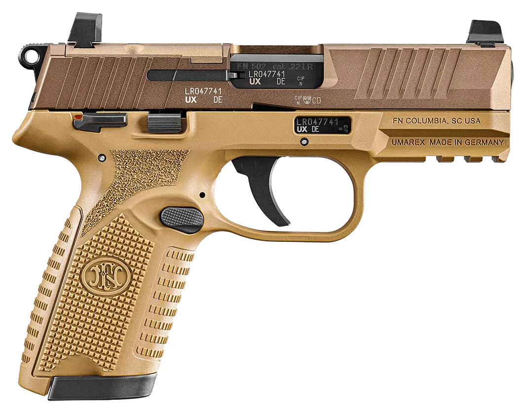 FN 66102318 502 MRD 22 LR 10+1 4" Black Target Crown Barrel, Flat Dark Earth Optic Ready/Serrated Slide, Flat Dark Earth Polymer Frame w/Picatinny Rail, Textured Grip, Ambidextrous