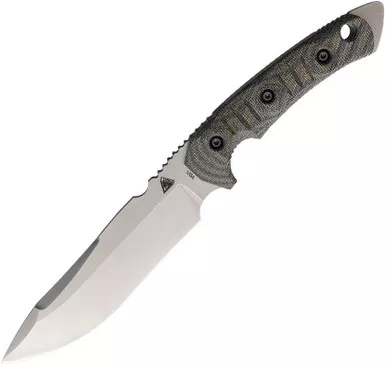 FOBOS Knives Tier 1-C Fixed Blade Knife - 6.45" CPM-3V Stonewashed Drop Point, Camo Canvas Micarta w/ White Liners, Leather Sheath