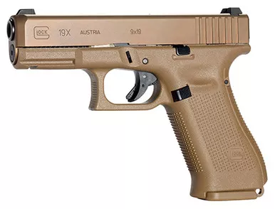 Glock PX1950703 G19X Compact Crossover 9mm Luger Caliber with 4.02" Glock Marksman Barrel, 17+1 Capacity, Bronze Nitron Finish Picatinny Rail Frame, Serrated Coyote nPVD Steel Slide, Rough Texture Interchangeable Backstraps Grip & Glock Night Sights