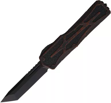 Heretic Knives Colossus OTF AUTO - 3.5" CPM-MagnaCut Black Stonewash Tanto Blade, Battleworn Rootbeer Aluminum Handle with Black Traction Inlay - H040-8A-BRKRB
