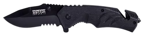 Humvee Adventure Gear HMVKTR15 Tactical Recon3" Folding Drop Point Part Serrated Black Stainless Steel Blade/Black Textured Features Glass Breaker/Seat Belt Cutter Includes Pocket Clip
