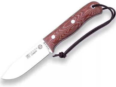 Joker Knives BS9 Campero Bushcraft Fixed Blade Knife - 4.13" SANDVIK 14C28N Satin Drop Point, Brown Canvas Micarta Handles, Leather Sheath