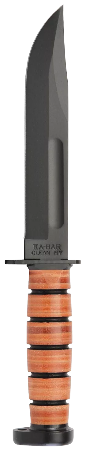 Ka-Bar 1317 Dog's Head Utility Knife 7" Fixed Clip Point Plain Black 1095 Cro-Van Blade, Brown Leather Handle, Includes Sheath