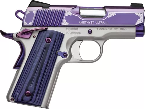 Kimber Mfg, Inc 3200319 Ultra II9mm Luger 8+1 3" Stainless Match Grade Barrel, Engraved Purple Amethyst PVD Serrated Stainless Steel Slide, Satin Silver Aluminum Frame w/Beavertail, G10 Grip