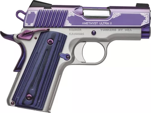 Kimber Mfg, Inc 3200363 Ultra II45 ACP 7+1 3" Stainless Match Grade Barrel, Engraved Purple Amethyst PVD Serrated Stainless Steel Slide, Satin Silver Aluminum Frame w/Beavertail, G10 Grip