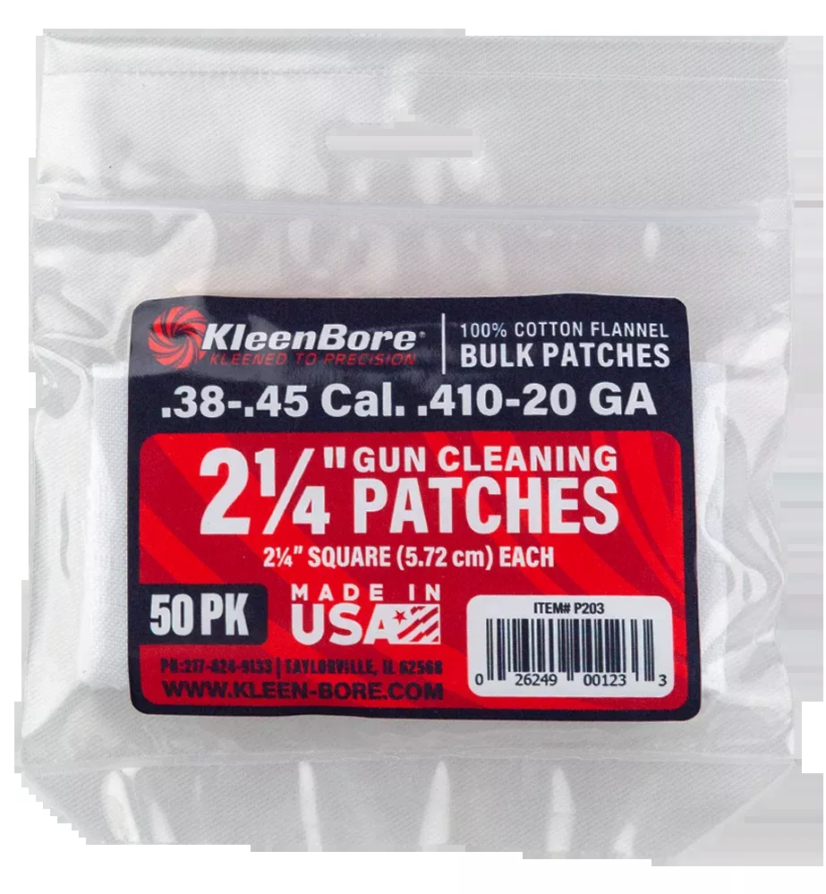 Kleen-Bore P203 Super Shooter .38-.45 Cal / 20 Gauge / .410 Bore 2.25" Cotton Flannel Cleaning Patches - 50 Pk