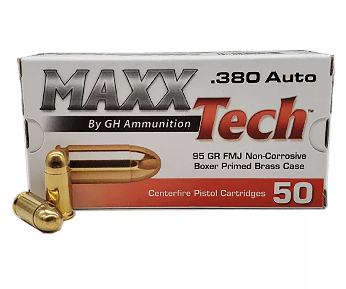 MaxxTech PTGB380B Brass Pistol380ACP 95gr Full Metal Jacket 50 Per Box/20 Case
