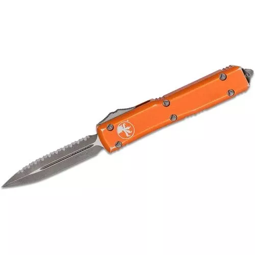 Microtech Ultratech distressed orange double edge OTF knife Stonewash full serrated blade