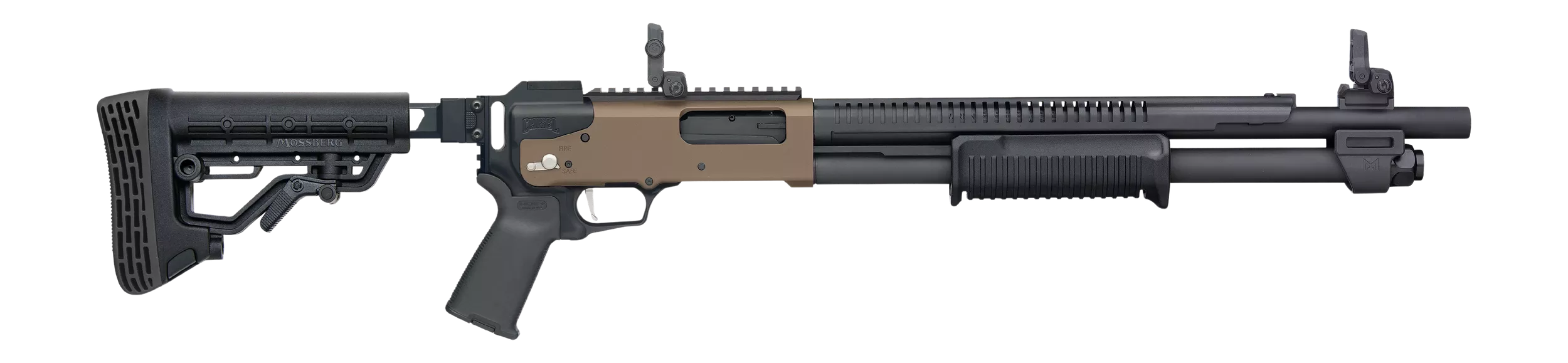 Mossberg 50233 590R12 Gauge Pump 3" 6+1 18.50" Black Parkerized Integrated Heat Shield Barrel, Flat Dark Earth Cerakote Receiver w/Picatinny Rail, Black Chisel Folding Synthetic Stock, Black Magpul