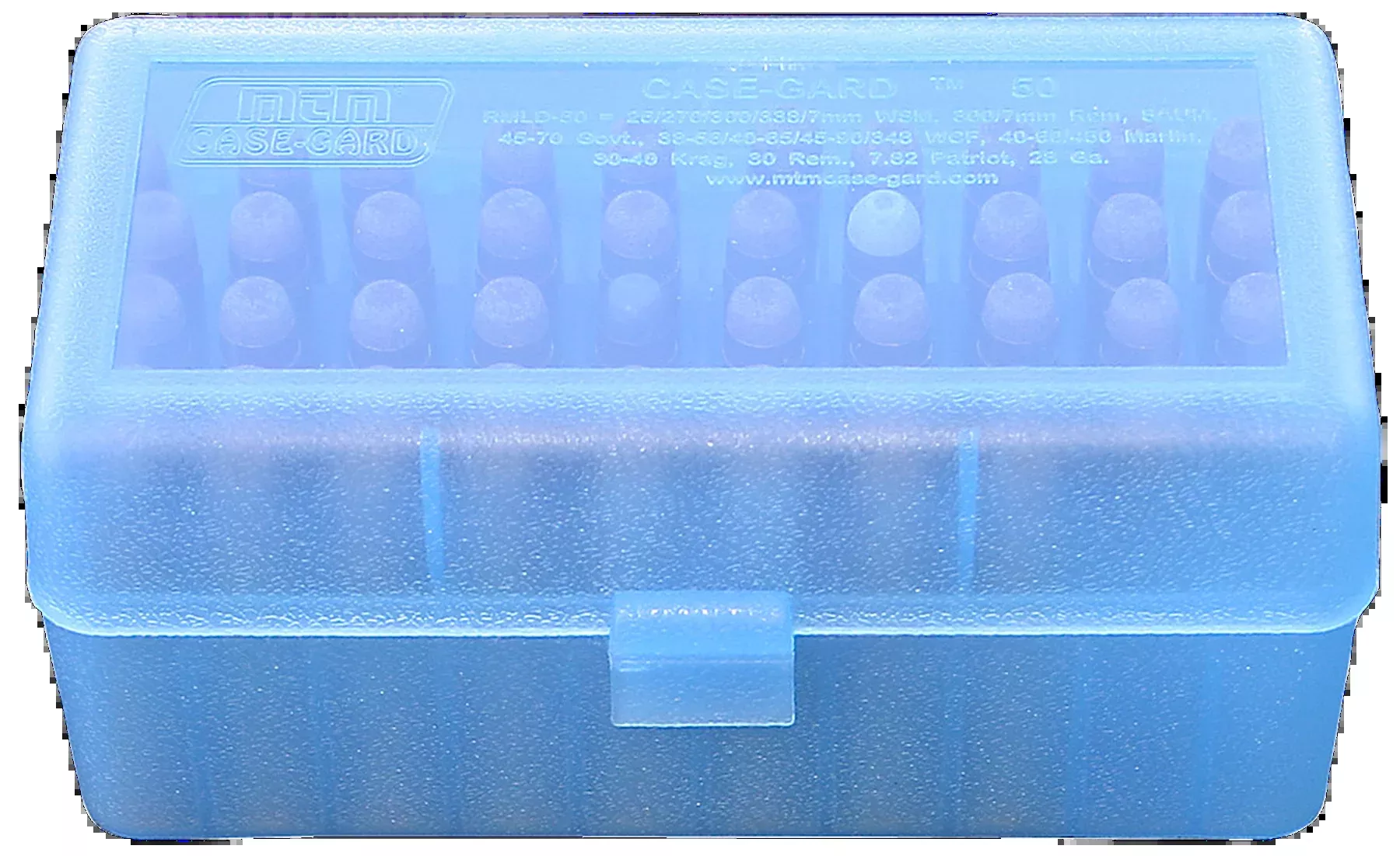 MTM Case-Gard R-50 Multi-Caliber 270 WSM/300 WSM/45-70 Gov 50rd Clear Blue Polypropylene Flip-Top Ammo Box