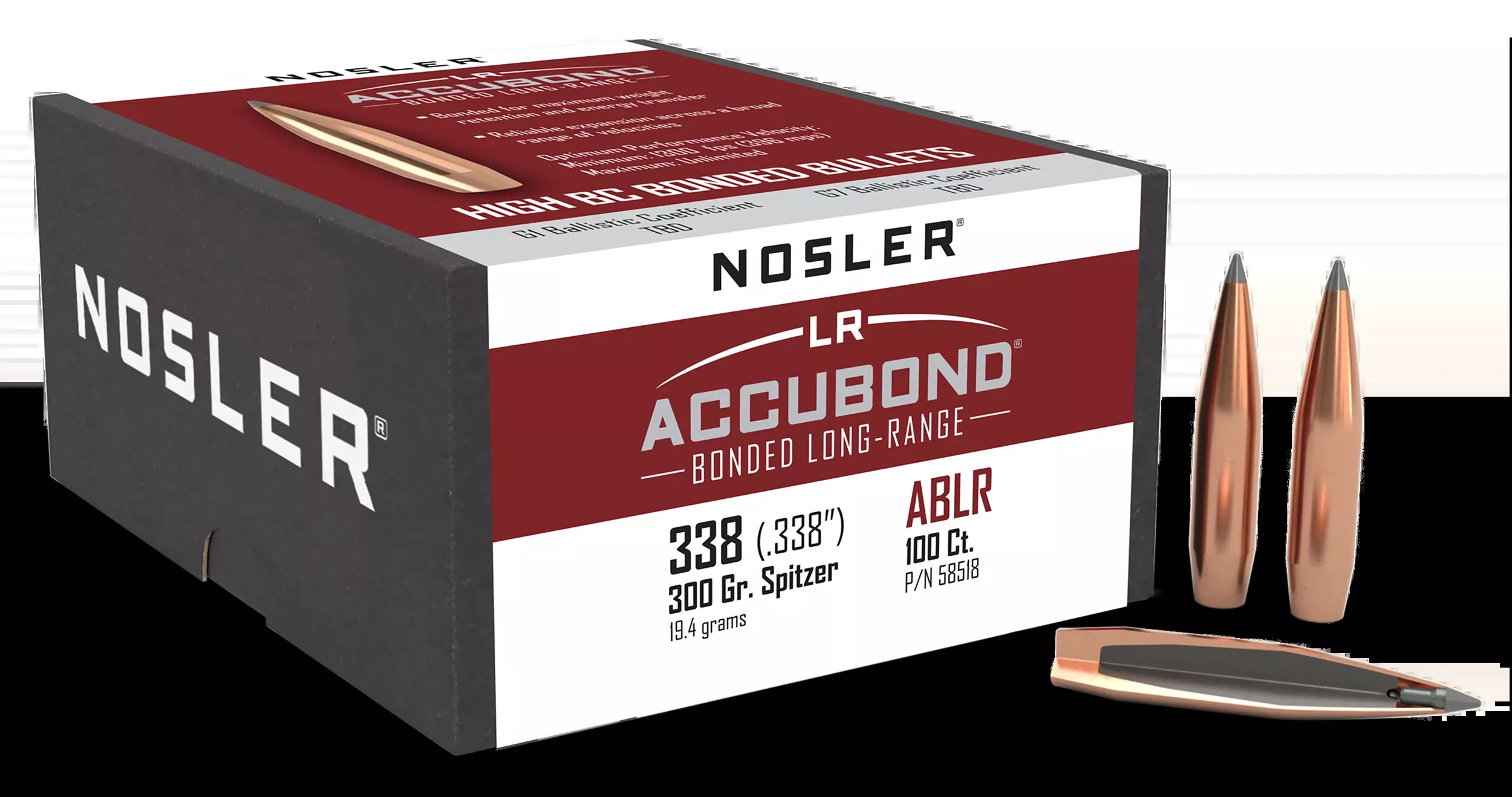 Nosler AccuBond Long Range .338 300gr Spitzer Point Bonded Bullets, 100/Box 58518