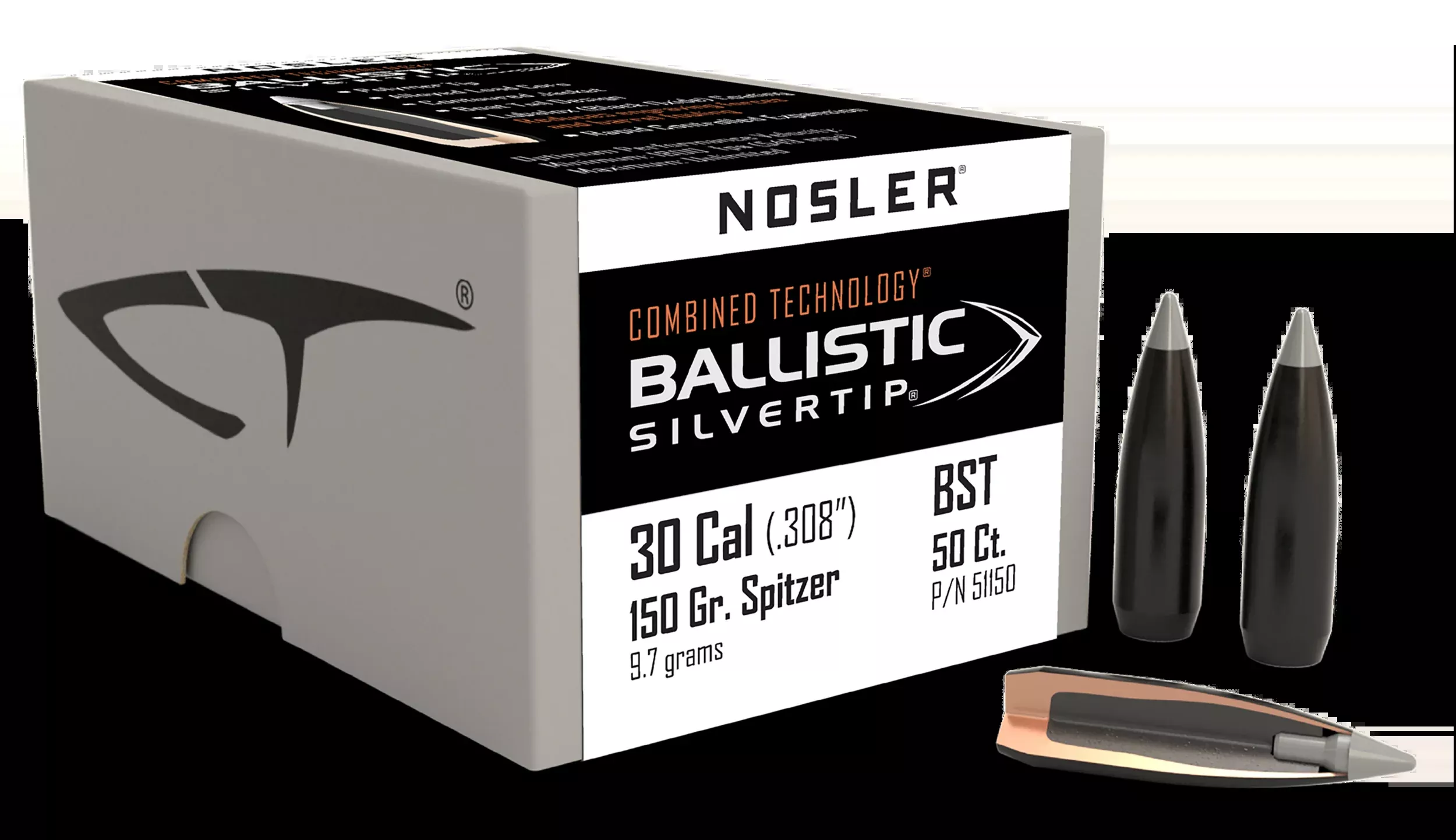 Nosler Ballistic Silvertip .308 30 Cal 150gr Spitzer Bullets - 50/Box