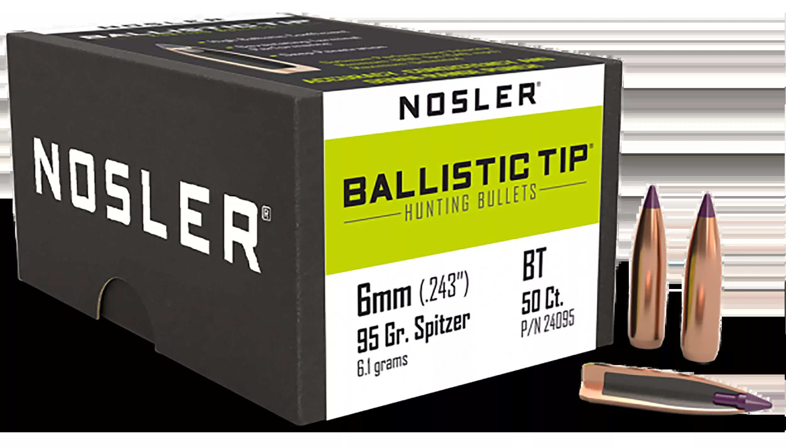 Nosler Ballistic Tip Hunting 6mm 95gr Spitzer Reloading Bullets - 50/Box
