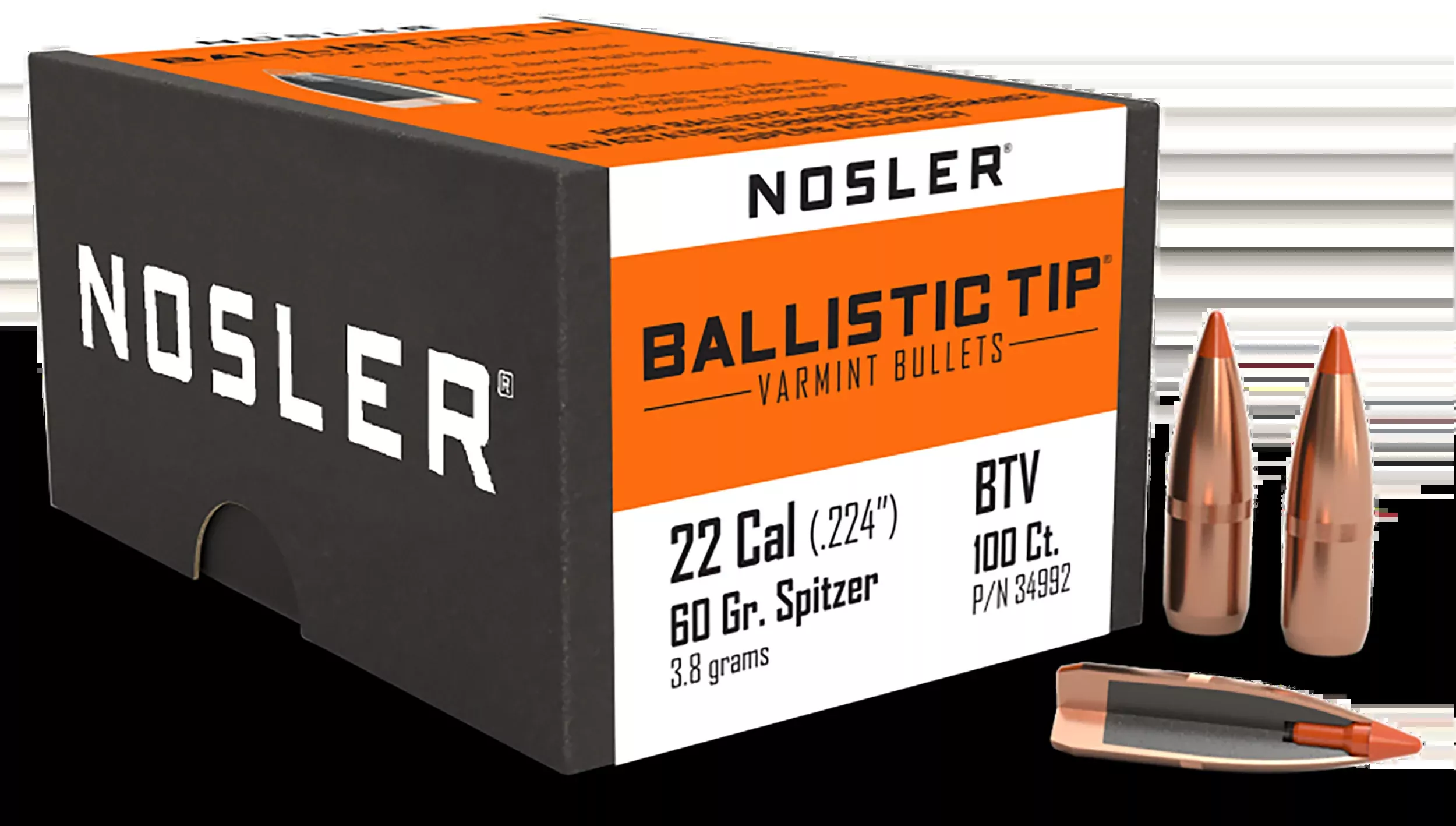 Nosler Ballistic Tip Varmint 22 Cal .224 60gr Spitzer Reloading Bullets - 100/Box