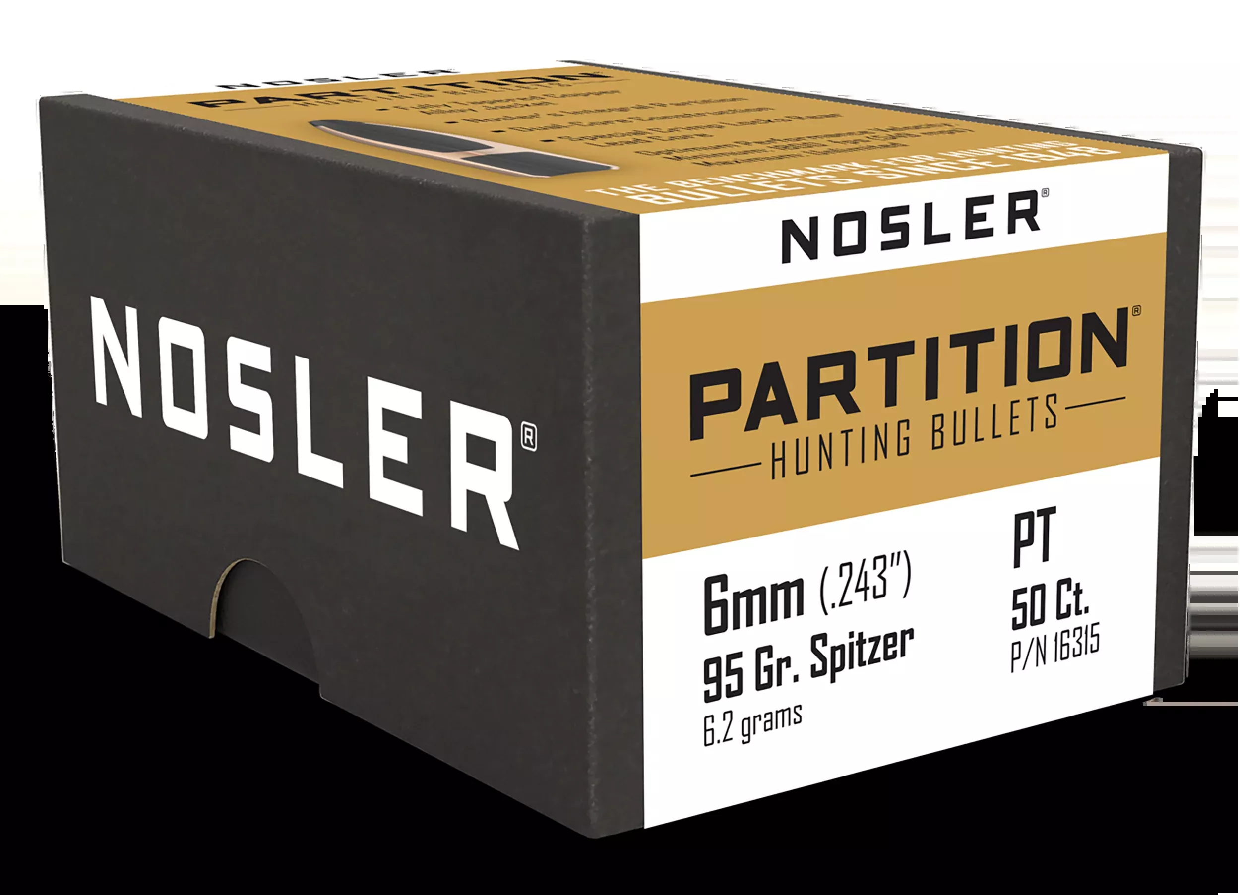 Nosler Partition 6mm (.243) 95gr Spitzer Reloading Bullets - 50/Box