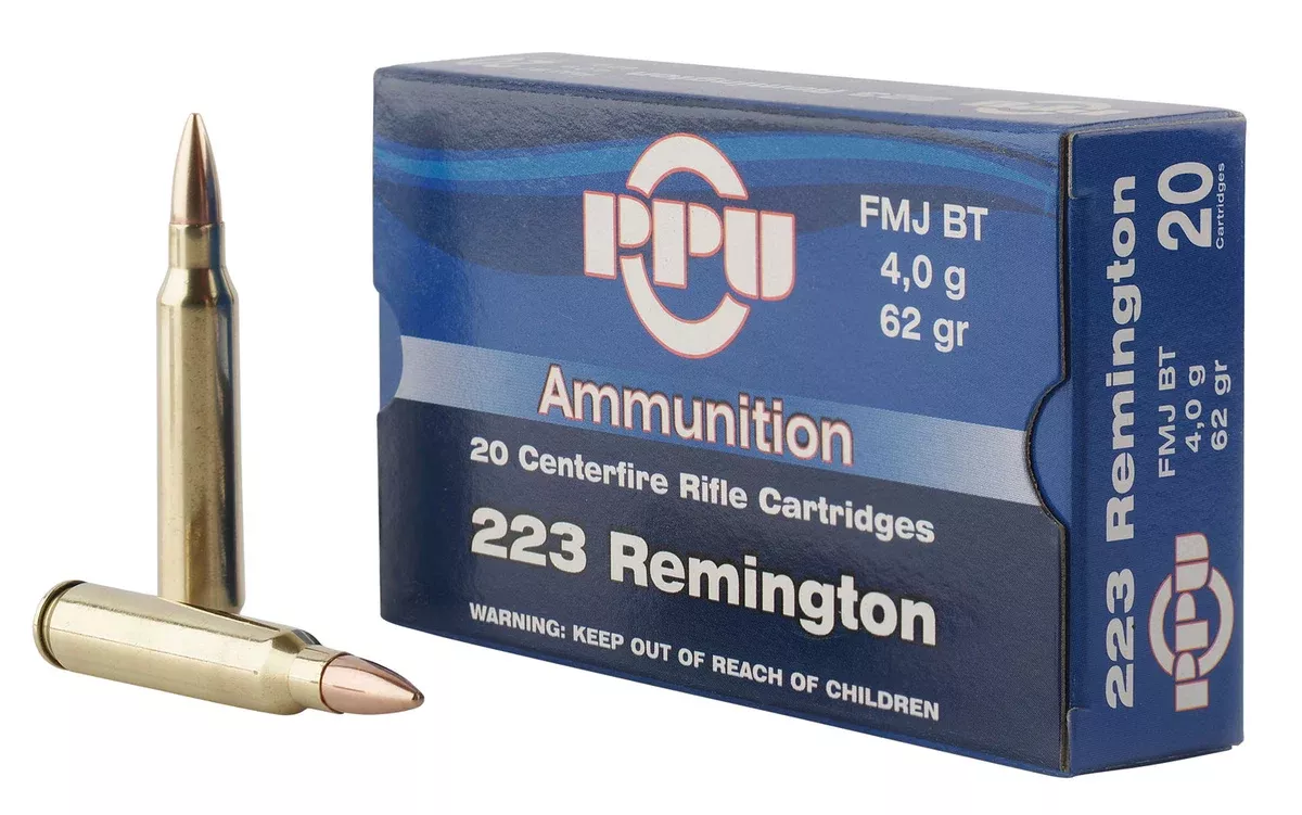 PPU PP223F2 Standard Rifle223Rem 62gr Full Metal Jacket Boat Tail 20 Per Box/50 Case