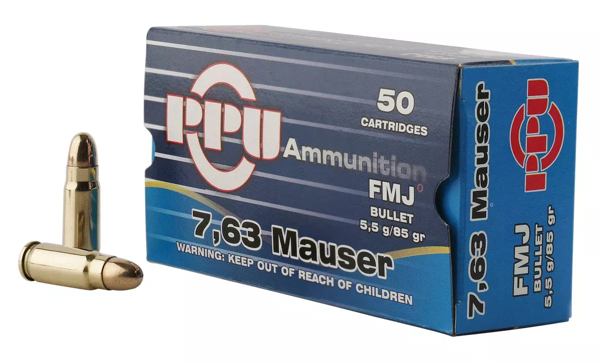 PPU PPH763 Handgun7.63mmMauser 85gr Full Metal Jacket 50 Per Box/10 Case