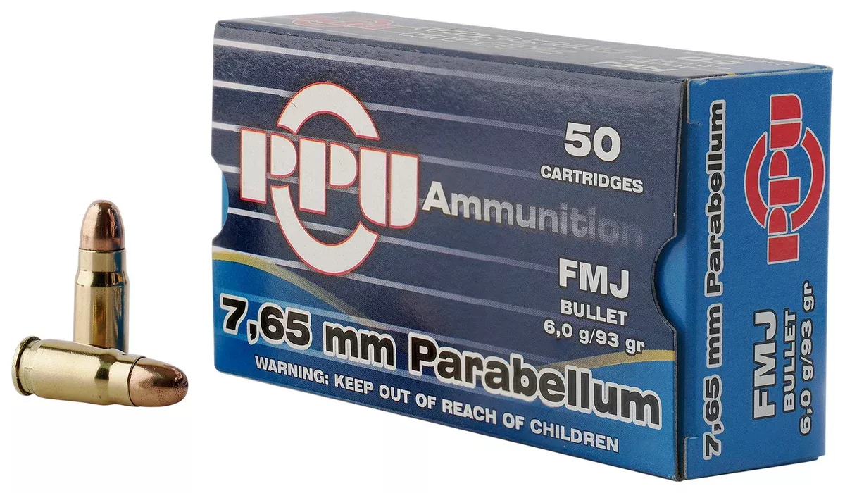 PPU PPH765P Handgun7.65x21mmParabellum 93gr Full Metal Jacket 50 Per Box/20 Case