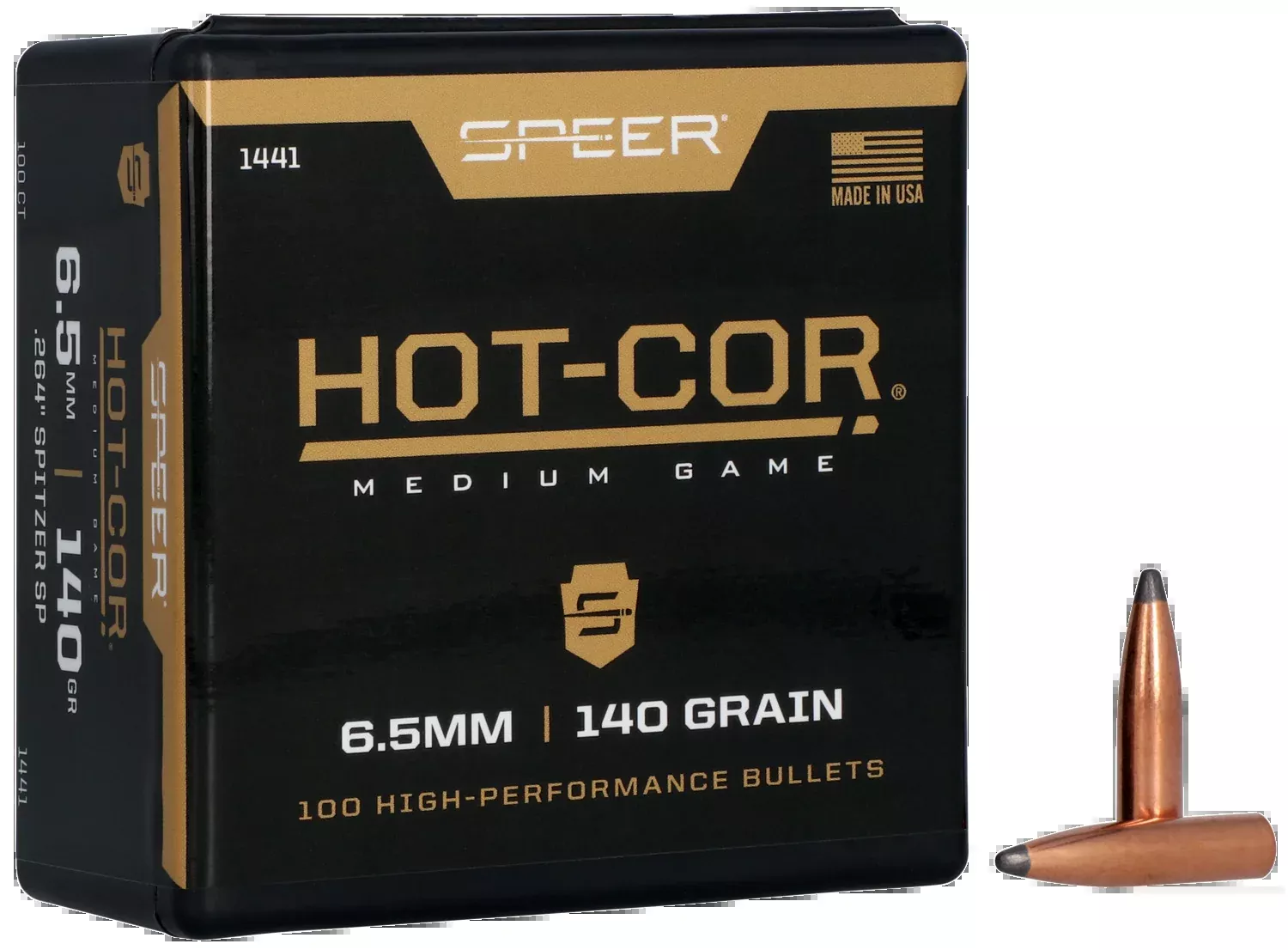 Speer Ammo 1441 Hot-Cor .264 6.5mm 140gr Spitzer Soft Point Reloading Bullets - 100/Box