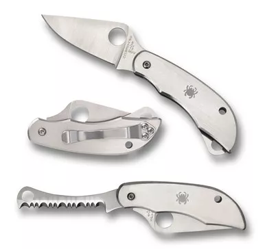 Spyderco ClipiTool Folding Knife with Plain and Serrated Blades - Stainless Steel Handles - C176P&S