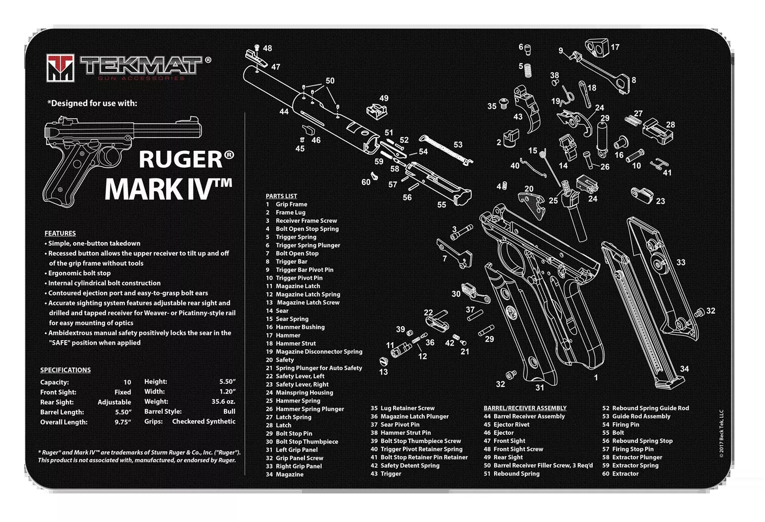 TekMat Ruger Mark IV Cleaning Mat 11 "x17 " Rubber Black/White
