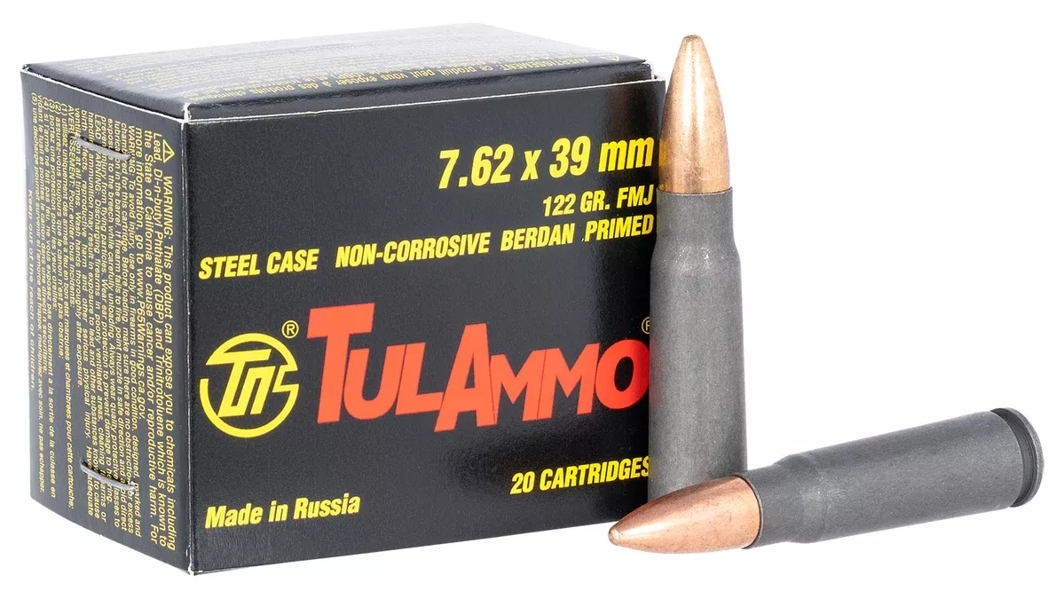 Tula Ammo by American Ammo TULA762OS Rifle7.62x39mm 122 gr Full Metal Jacket (FMJ) Steel Case 20 Bx/50 Cs