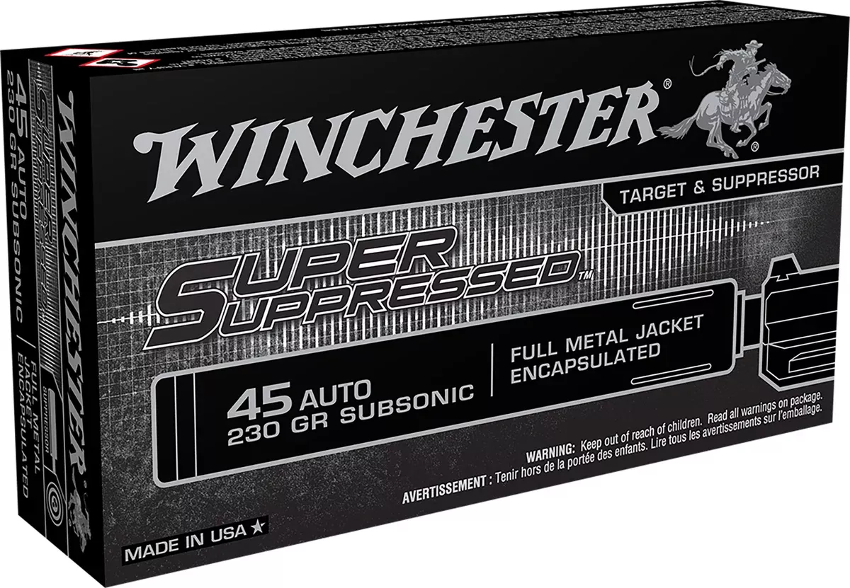 Winchester Ammo SUP45 Super Suppressed45ACP Subsonic 230gr Encapsulated Full Metal Jacket 50 Per Box/10 Case