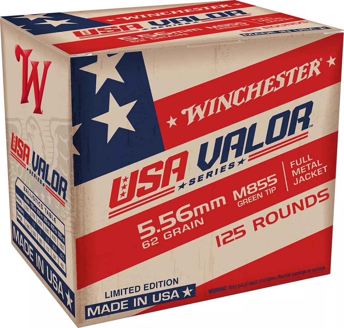 Winchester Ammo USA855125 USA Valor M855 Green Tip 5.56x45mmNATO 62gr Full Metal Jacket 125 Per Box/10 Case